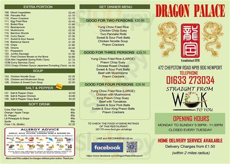 Dragon Palace Newport Gwent Chinese Takeaway Menù Newport Main Menu