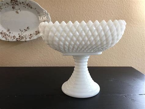 L E Smith Vintage Milk Glass Diamond Pedestal Compote Candy Dish Milk Glass White Milk