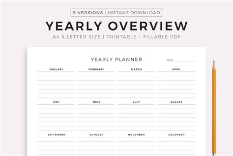 Yearly Overview Printable Landscape, Yearly Planner, Year At a Glance ...