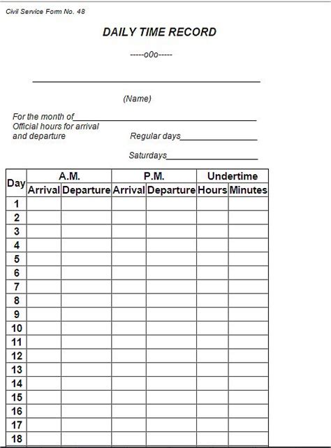 Csc Form Daily Time Record Dtr Off