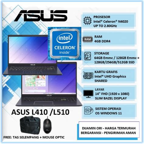 Jual Laptop Sekolah Kerja Asus L410ma Intel N4020 4gb 512gb Ssd 14 Fhd