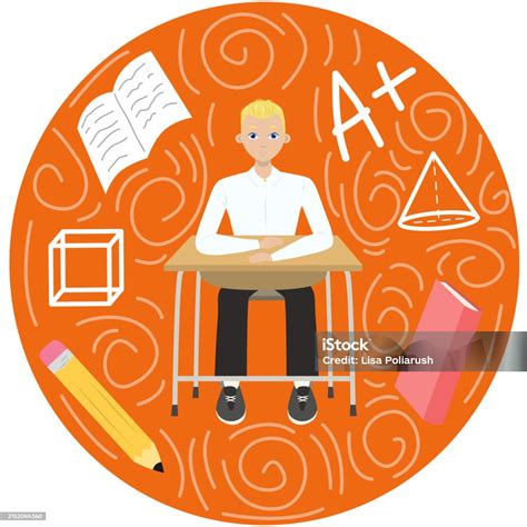 Cute Boy With Blonde Hair Sitting At A School Desk Near Mark Book