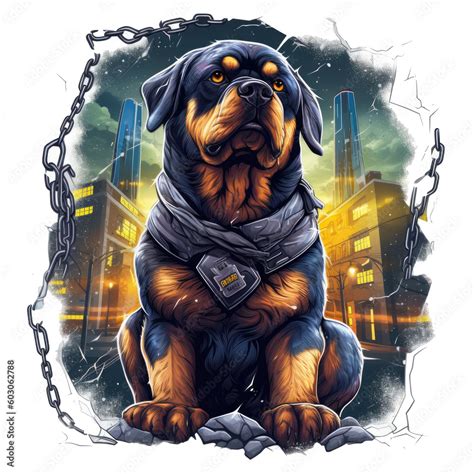 A dramatic t-shirt design featuring a Rottweiler police dog in a heroic pose, standing against a ...