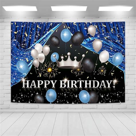 Navy Blue Happy Birthday Backdrop For Men Silver Black Balloons Crown