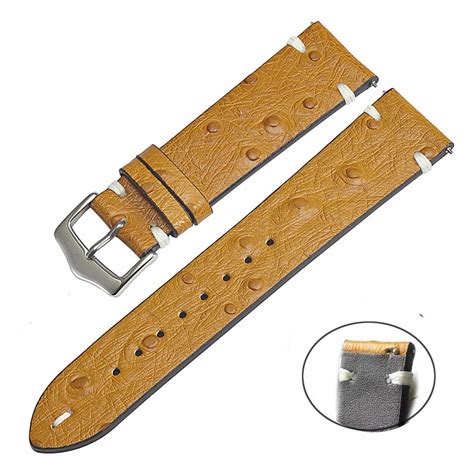 New Genuine Leather Watch Band Ostrich Pattern Strap Hand Stitched Quick Release Wristband 20mm