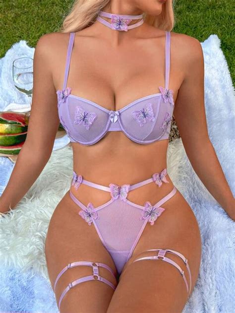 Butterfly Appliques Underwire Lingerie Set With Choker SHEIN USA