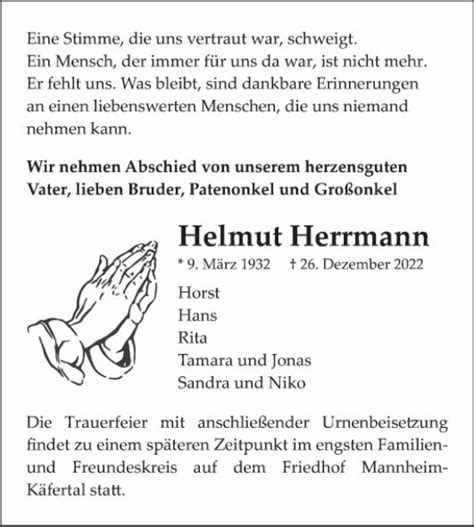 Traueranzeigen Von Helmut Herrmann Trauerportal Ihrer Tageszeitung