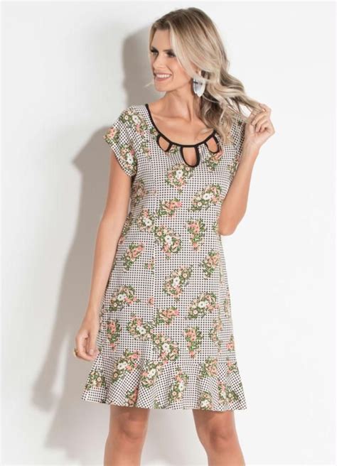 Vestido Quintess Floral E Geom Trico Vazados Compre Em At X Sem