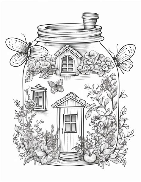 printable fairy houses  jar coloring pages  adults grayscale