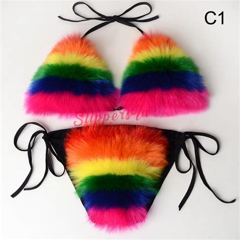 Cute Fur Bathing Suits Colorful Fluffy Fur Bikini Swimsuit