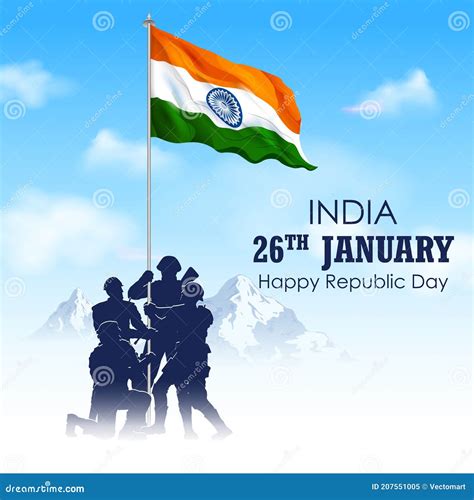 26 January Happy Republic Day Text With Wavy Indian Flag And India