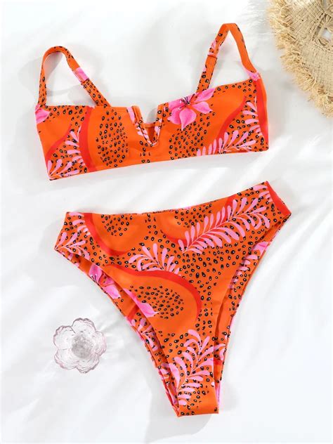 Womens Tropical Print High Waisted Bikini Swimwear Set On Luulla