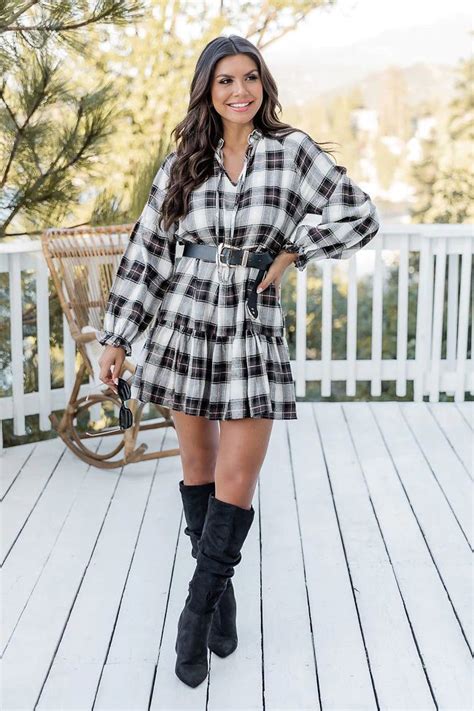 Falling Back To You Brown Plaid Tiered Mini Dress Pink Lily Chic Fall Outfits Casual Winter