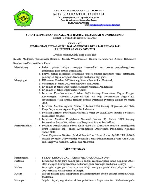 Sk Pembagian Tugas 2023 2024 Pdf