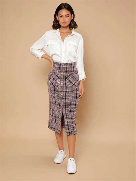 Shein Mulvari High Waist Plaid Pattern Single Breasted Dual Pocket