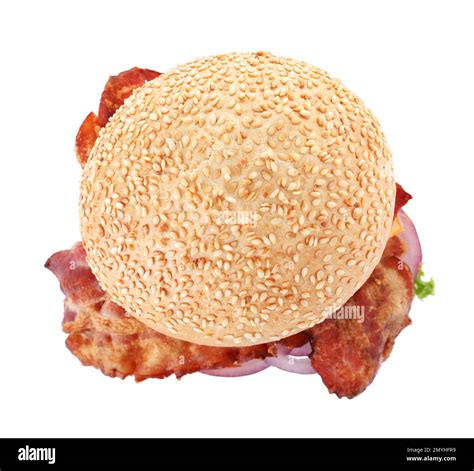 Tasty Burger With Bacon On White Background Top View Stock Photo Alamy