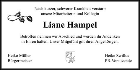 Traueranzeigen Von Liane Hampel Trauer Anzeigen De