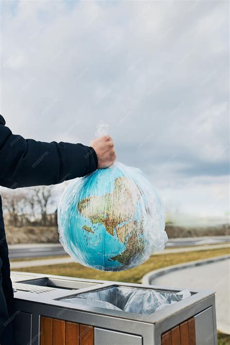 premium photo man throwing  globe wrapped  plastic bag  trash