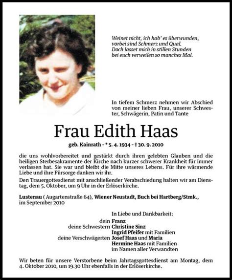 Todesanzeigen Von Edith Haas Todesanzeigen Vorarlberger Nachrichten