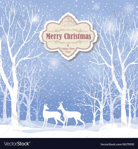 Snow Winter Landscape Deers Merry Christmas Card Vector Image