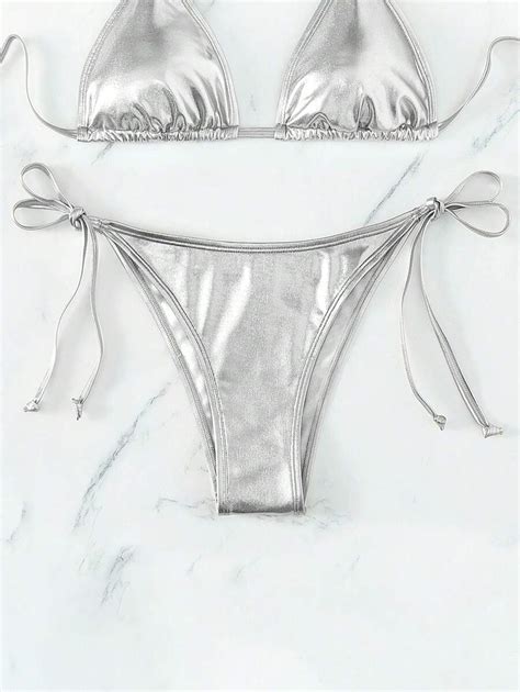 Swim Basics Women S Metal Texture Lace Up Bikini Bottom For Vacation For Summer Shein South Africa