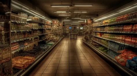 An Empty Grocery Store Aisle Lit Up At Night In The Background With