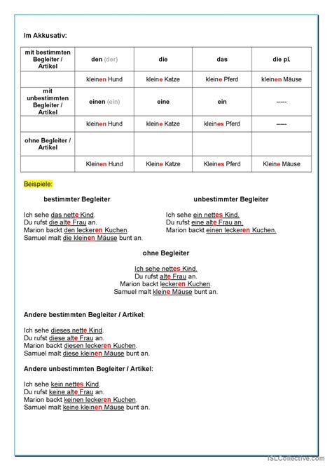 Deklination der Adjektiv Deutsch DAF Arbeitsblätter pdf doc