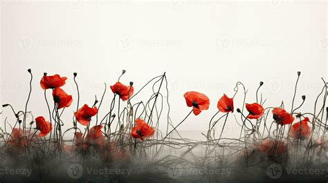 An art installation featuring red poppies amidst barbed wire symbolizing the victims of two ...