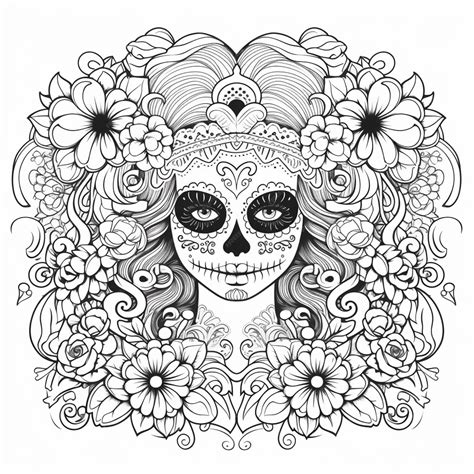 Premium Ai Image A Coloring Page With A Woman With A Sugar Skull And Flowers Generative Ai