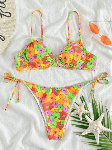 Emmiol Free Shipping 2025 Lace Up Floral Print Underwire Bikini Set Orange M In Bikini Sets