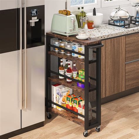 Tribesigns Slim Rolling Cart Wood Utility Cart Narrow Brown Kitchen