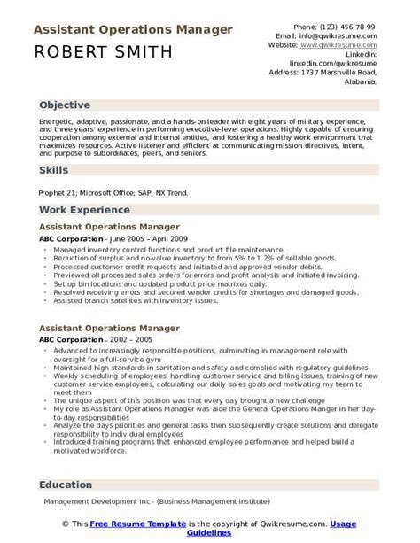 Assistant Operations Manager Resume Samples Qwikresume