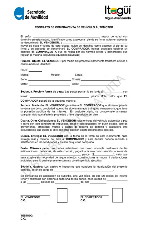 Formato Contrato De Compraventa De Vehículo Automotor Contrato De