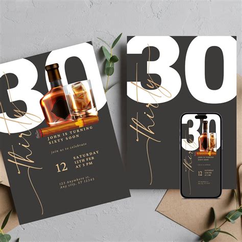 Adult Whiskey And Cigar Birthday Invitation Editable Any Age Mens