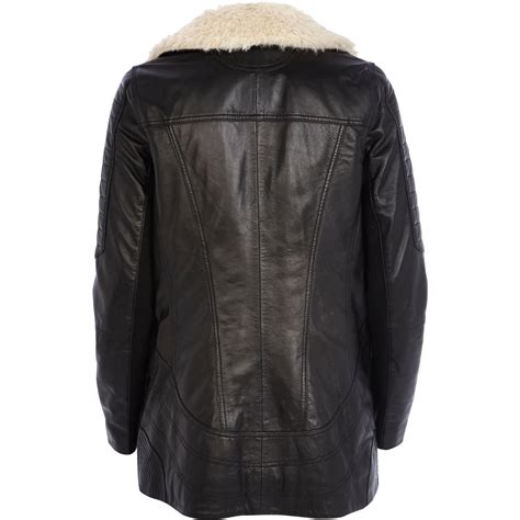 River Island Black Faux Fur Lined Longline Leather Jacket Lyst