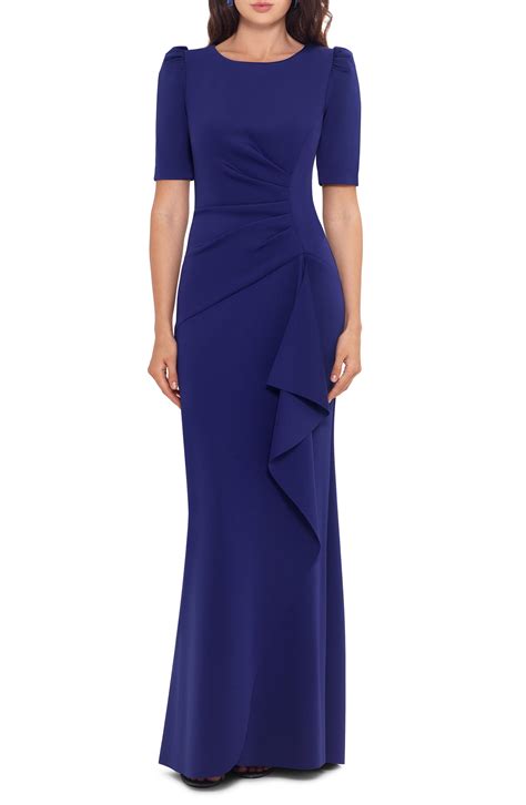 Xscape Side Ruched Ruffle Details Scuba Crepe Gown In Blue Lyst