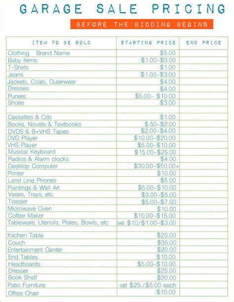 Free Printable Suggested Garage Sale Pricing