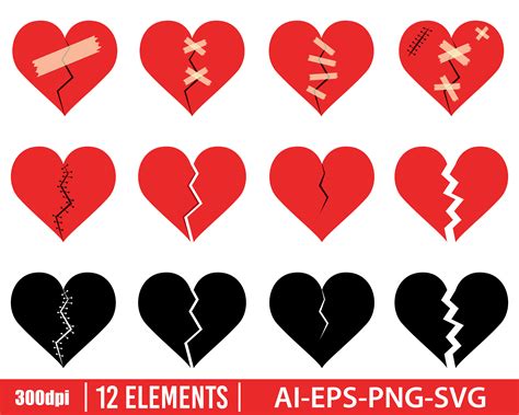 Broken Heart Clipart Vector Design Illustration Broken Heart Set Vector Clipart Print Etsy