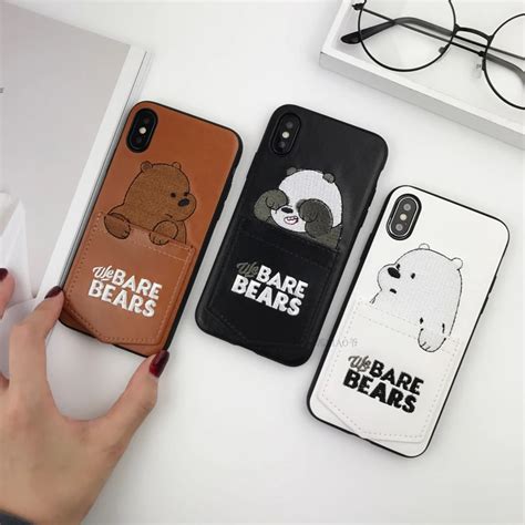 Supr Cute We Bare Bears Brothers Card Slot Soft Leather Phone Case For