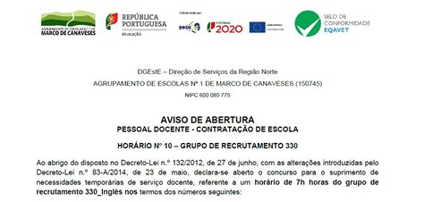 Aviso Abertura Hor Rio Grupo Recrutamento Agrupamento De