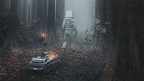 Wallpaper man, cube, robot, forest, fog, fantasy, art hd, picture, image