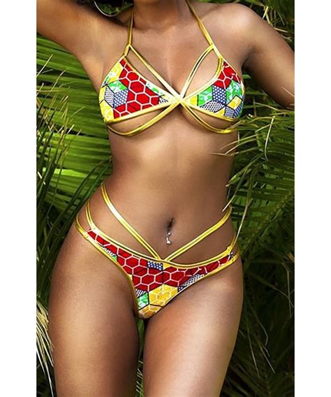 Women S Piece Bikini African Tribal Bandage Cut Out Bathing Suit Red Cr Yau R