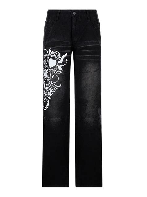 Washed Heart Pattern Cargo Jeans Black M In Cargo Jeans Online