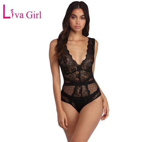 Liva Girl Sexy Sheer Deep V Neck Lace Bodysuit Women 2019 Scalloped