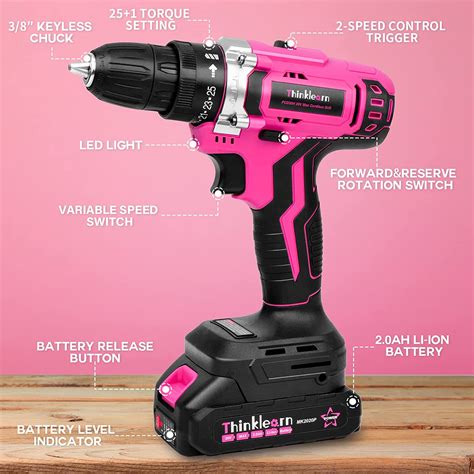 Thinklearn Pink Cordless Drill Set 20v Lithium Ion Power Drill Set For