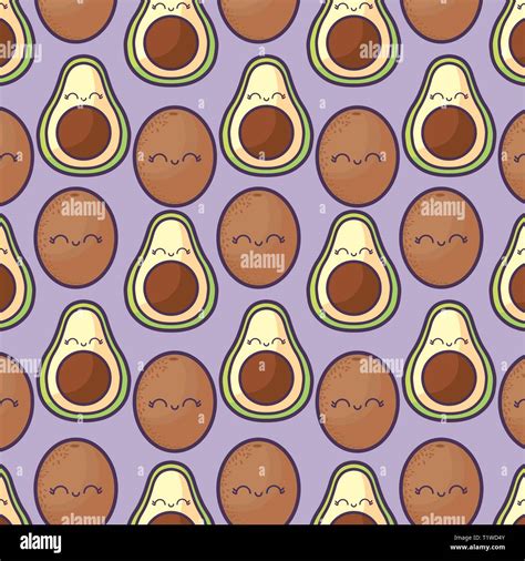 Pattern Of Kiwi And Avocados Kawaii Character Vector Illustration