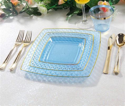 Pcs Clear Blue Plastic Plates With Gold Rim Gold Plastic Etsy