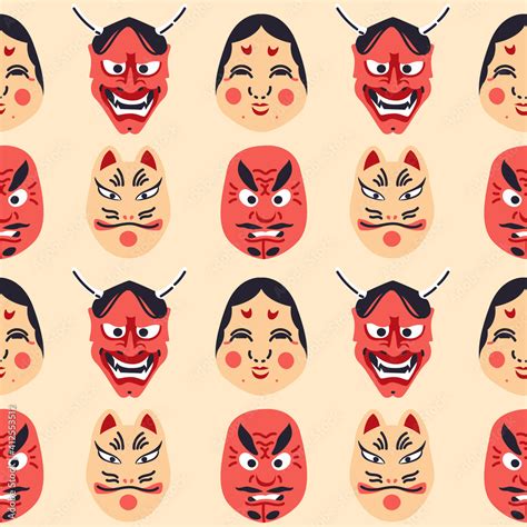 Kabuki Theater Seamless Pattern Vector Illustration Japan Mask Okame