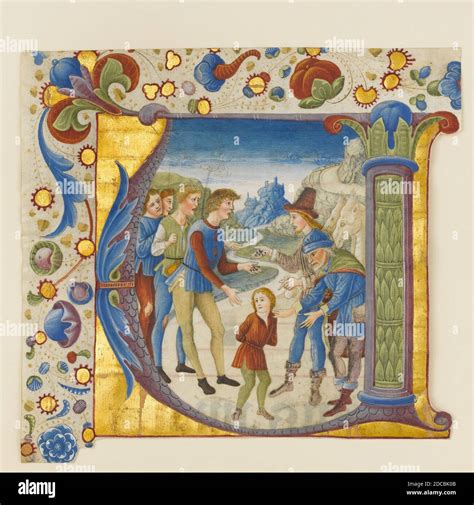 Manuscript Illumination With Joseph Sold By His Brothers In An Initial