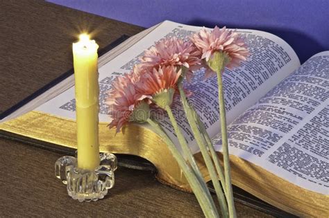 Open Bible And Flowers Stock Photo Image Of Bible Candle 13637356